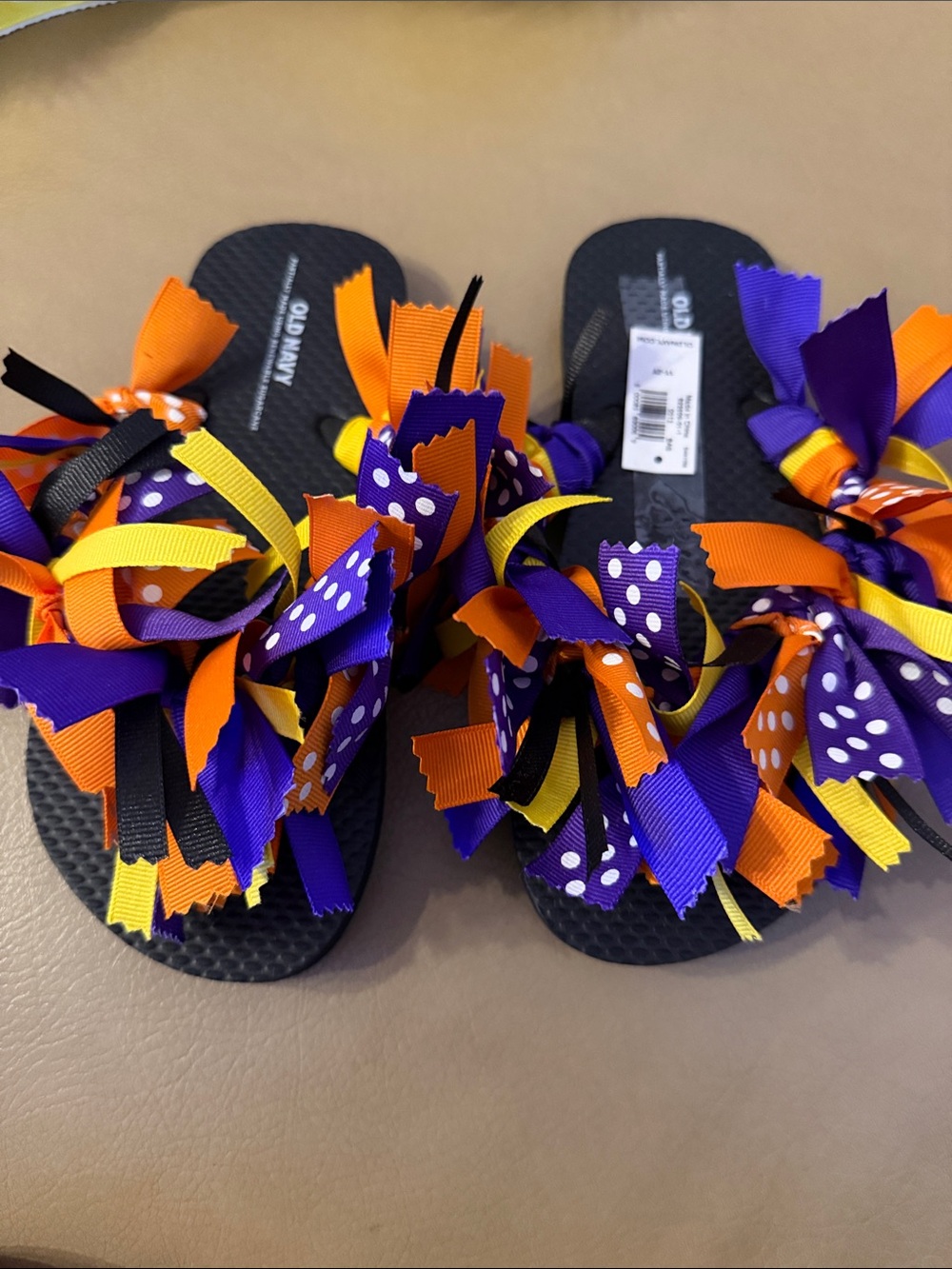 Old Navy Mixed Ribbon Fringe Flip Flops - Purple, Orange, Yellow, Black